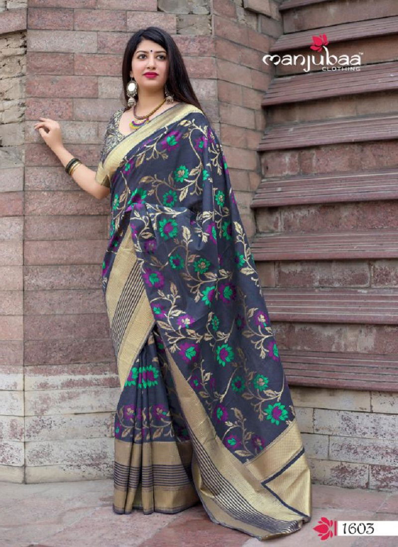 Blue Manjubaa Festive Wear Stylish Royal Look Blue Color Printed Silk Saree Collection 1603
